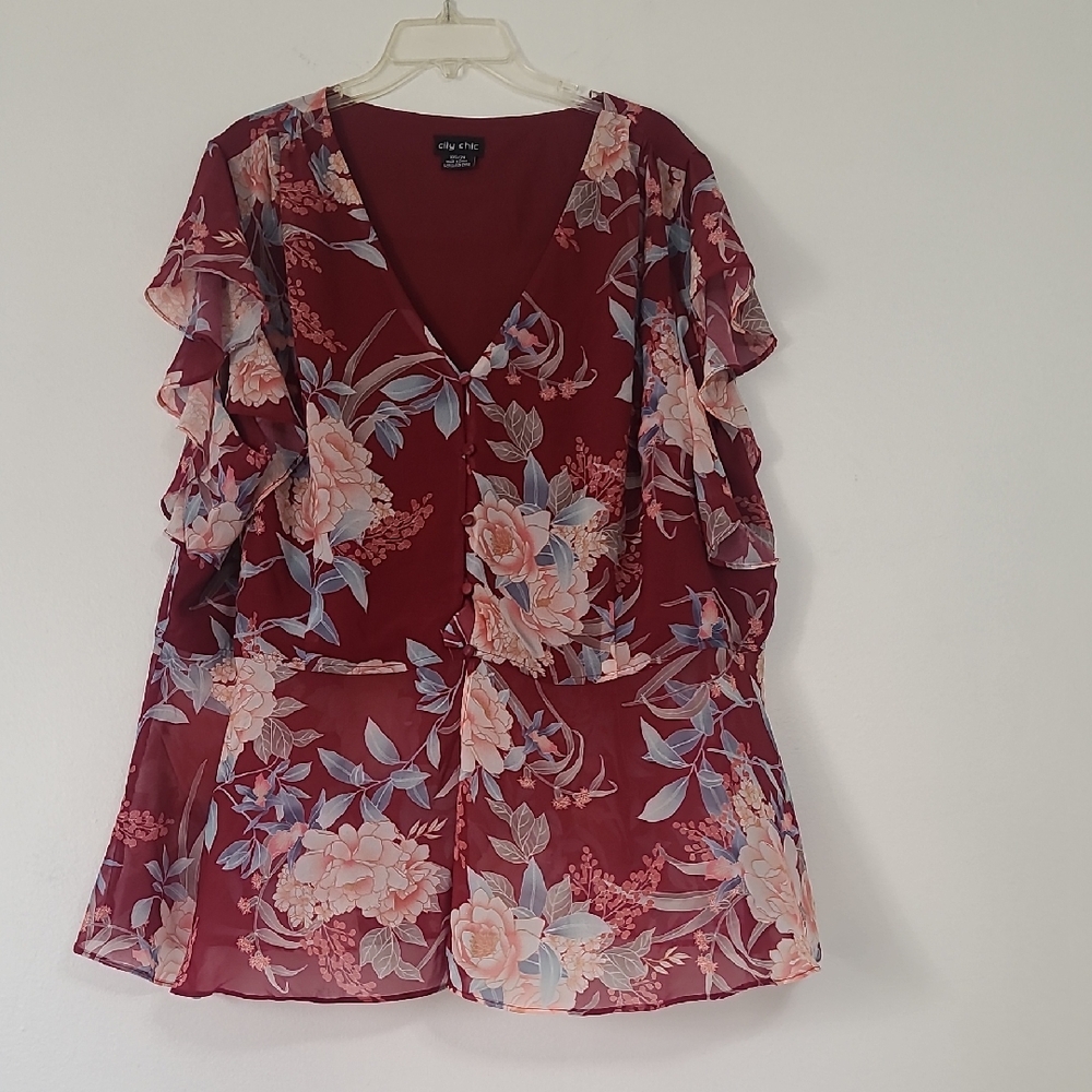 New York & Company Burgundy Floral Blouse